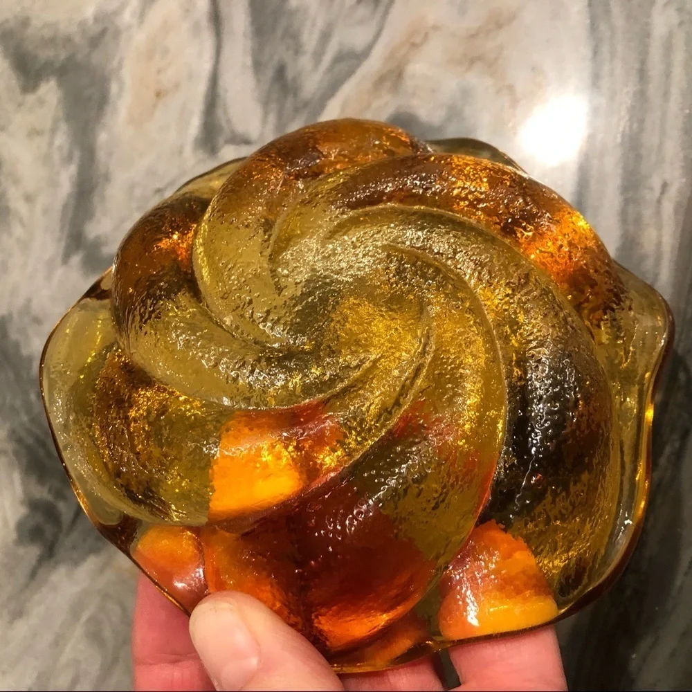 Vintage Fenton Amber Art Glass Swirl Trinket Dish 5”